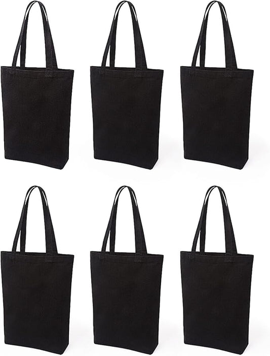 Lily queen Natural Canvas Tote Bags DIY Reusable Shopping Grocery Bag (Black - 6 Pack)