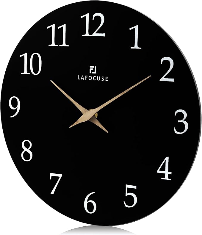 Lafocuse 12 Inch Wooden Black Wall Clock Battery Operated Silent Non-Ticking