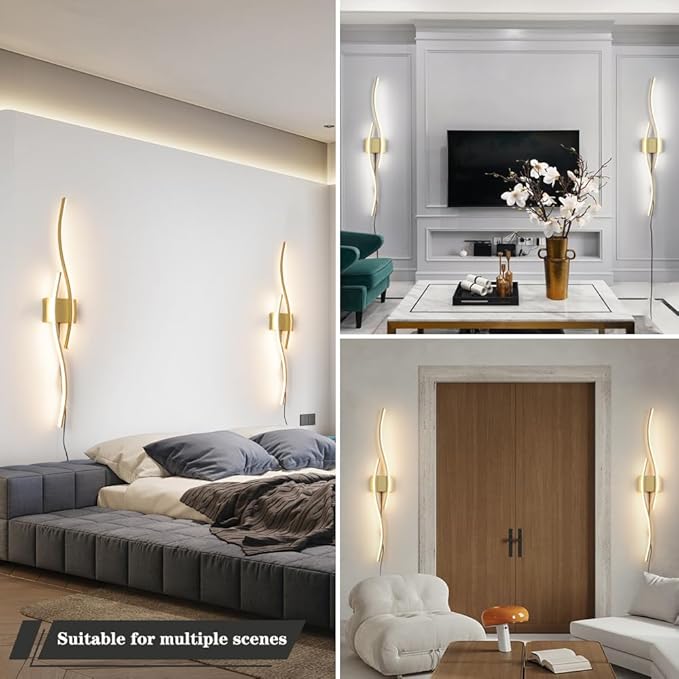 Daunton Modern Gold Plug in Wall Sconces Set of Two, RC Dimmable LED Plug in