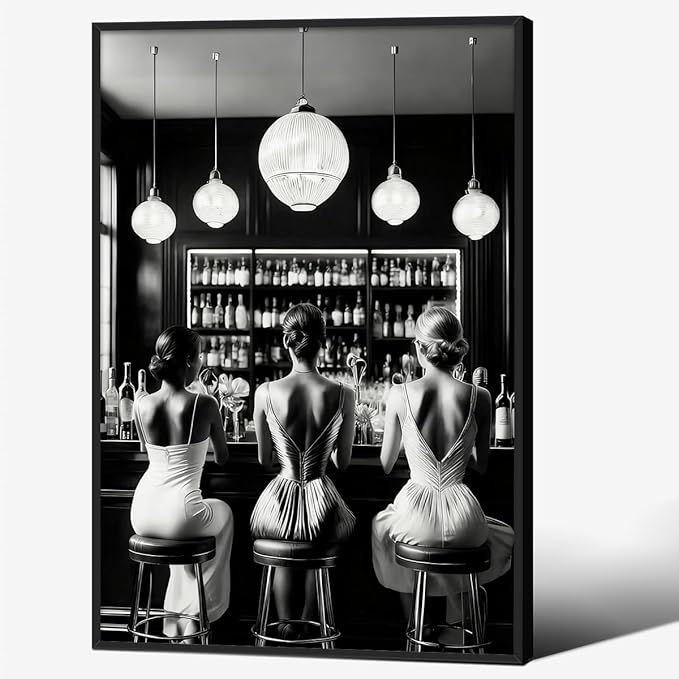 Vintage Black and White Black Framed Wall Art Trendy Women Drink Cocktail