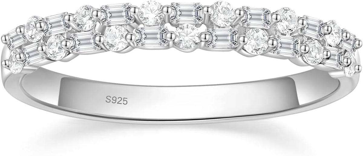 EAMTI 925 Sterling Silver Wedding Bands for Women Baguette Round Cubic Zirconia Two-Row Eternity Band Stackable Engagement Rings Size 4-10