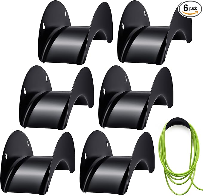 Thyle 6 Pcs Heavy Duty Wall Mount Garden Hose Holder, Metal Water Hose Rack with Screws Black Rustproof Storage Organizer for Outside Yard Lawn Garage
