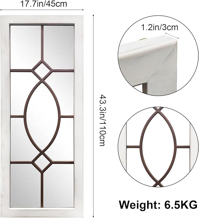 Farmhouse Mirror for Wall Decor: 43.3" x 17.7" Large Rustic Windowpane Mirrors