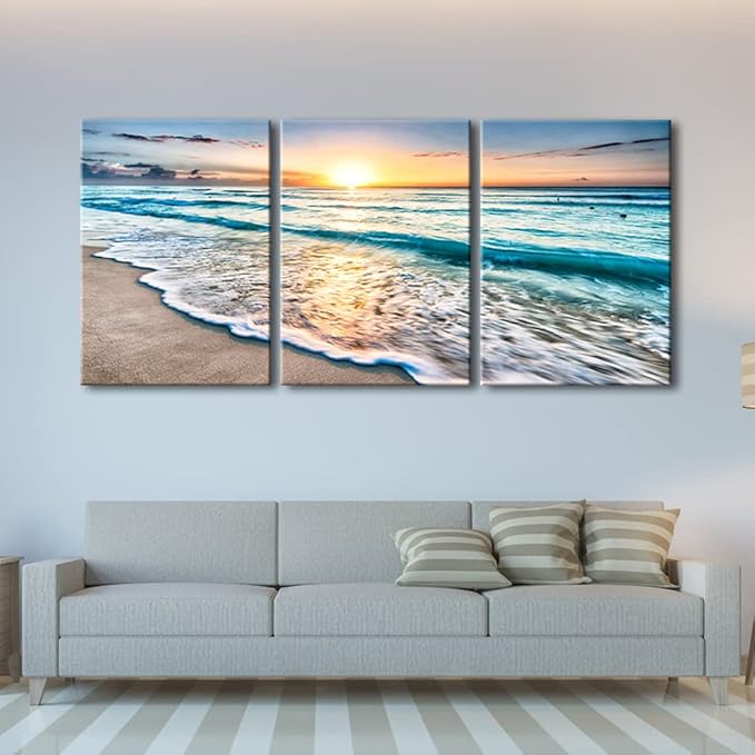Wieco Art 3 Panels Blue Beach Sunrise White Wave Pictures on Canvas Wall Art