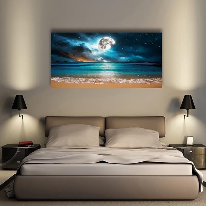 Beach Wall Art Canvas Prints Moon Ocean Landscape Picture Home Decor Natural Seascape Paintings for Living room Bathroom Bedroom Office Kitchen Decorations Modern Artwork Wood Framed 20x40inches