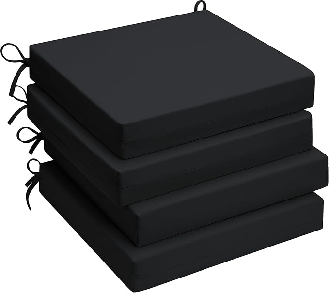 UNIKOME Outdoor Chair Cushions Pack of 4, Water Resistant Patio Cushions with Ties, High Density Sponge Filling Square Corner Seat Cushions for Outdoor Furniture, 24"*24"*4", Black