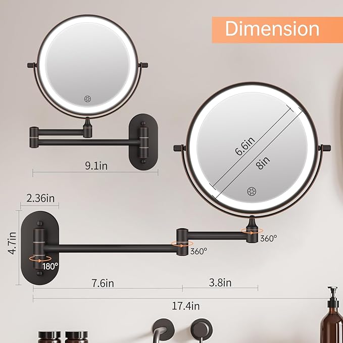 5000mAh Rechargeable Wall Mounted Lighted Makeup Vanity Mirror Double Sided 1X