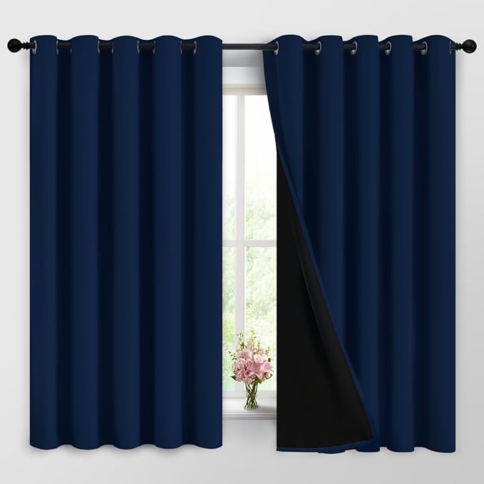Yakamok Navy Blue 100% Blackout Curtains Energy Saving Thermal Insulated 2