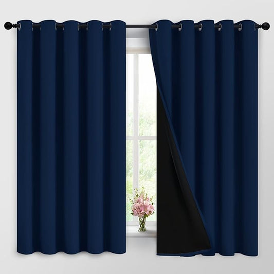Yakamok Navy Blue 100% Blackout Curtains Energy Saving Thermal Insulated 2