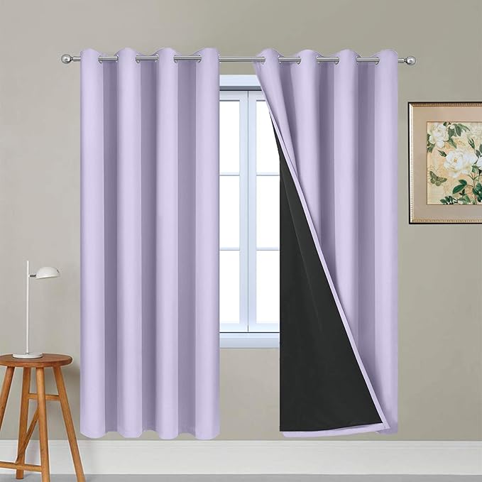 Yakamok Lilac 100% Blackout Lined Curtains, 2 Thick Layers Completely Blackout