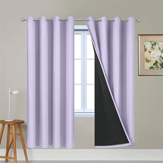 Yakamok Lilac 100% Blackout Lined Curtains, 2 Thick Layers Completely Blackout