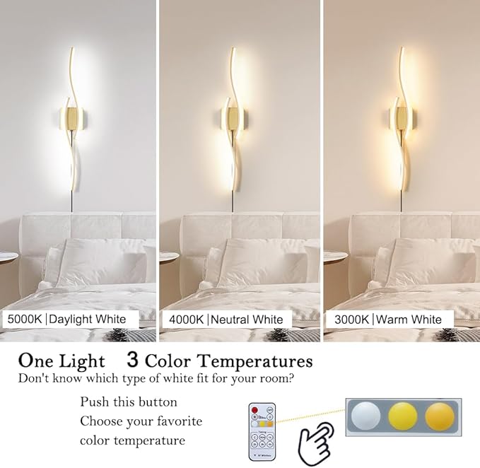 Daunton Modern Gold Plug in Wall Sconce Set of 2, Indoor Dimmable Light Fixture