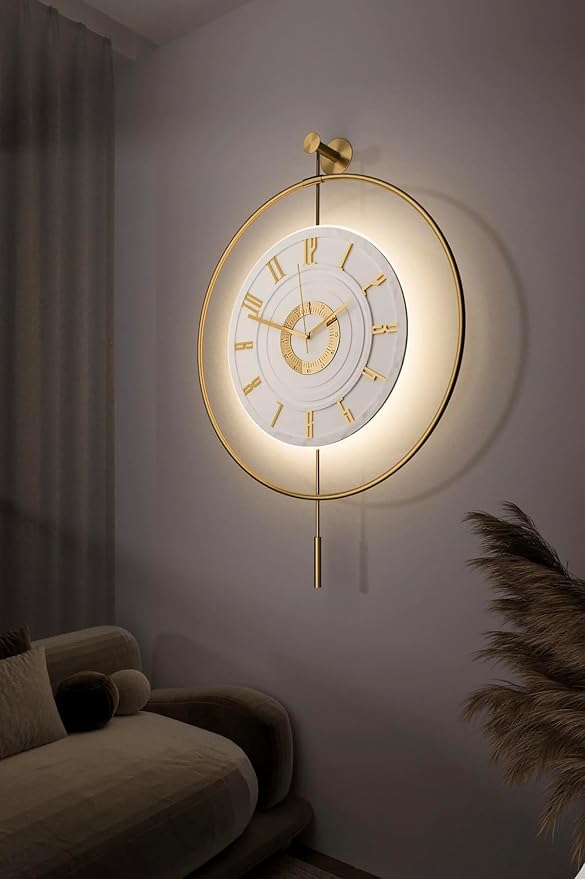 Large Luxury LED Backlit Wall Clock – Pendulum Roman Numeral Metal Ring