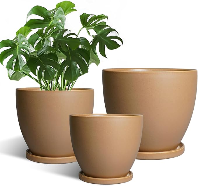 Ceramic Pots for Plants Set of 3-10+8+6 Inch Modern Round Planters with Drainage Holes and Plant Saucers, Flower Pots for Indoor Outdoor, Home Garden Room Decor, Plant Lover Gifts, Brown