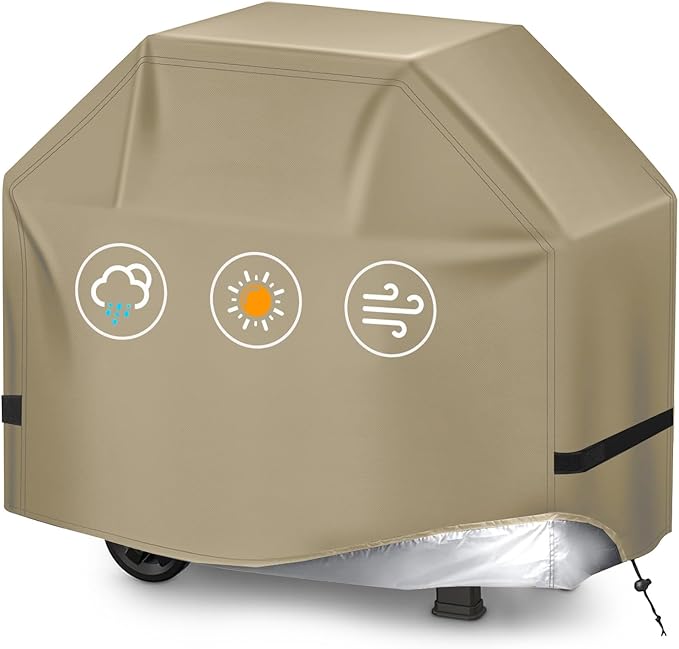 BBQ Gas Grill Cover for Outdoor, Anti-UV, Rip-Proof, 600D Oxford Fade Resistant Material, Barbecue Cover with Hook and Loop Straps & Adjustable Hem Drawstring (Beige, 60”x24”x44”)
