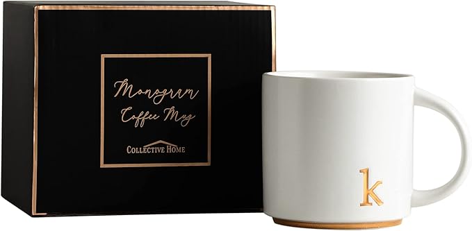 COLLECTIVE HOME - Monogram Ceramic Mugs, 15 oz Golden Initial Coffee Cups, Elegant Alphabet Tea Mugs, Elegant Personalized Mug with Gift Box, Luxurious Cups for Office and Home (k)