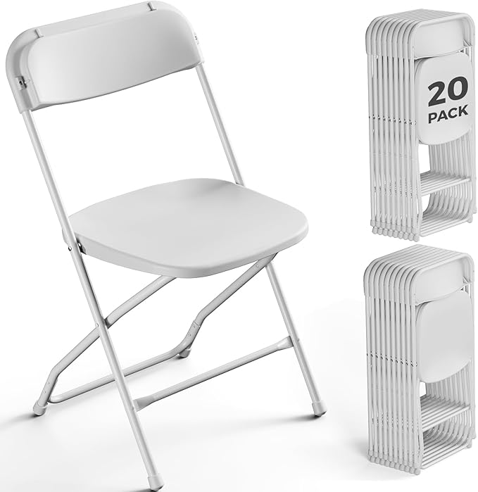 20 Pack White Plastic Folding Chairs, Outdoor Portable Folding Chair with Steel Frame, 350lbs Capacity Stackable Foldable Chairs for Patio, Garden, Picnic, Kitchen, Events