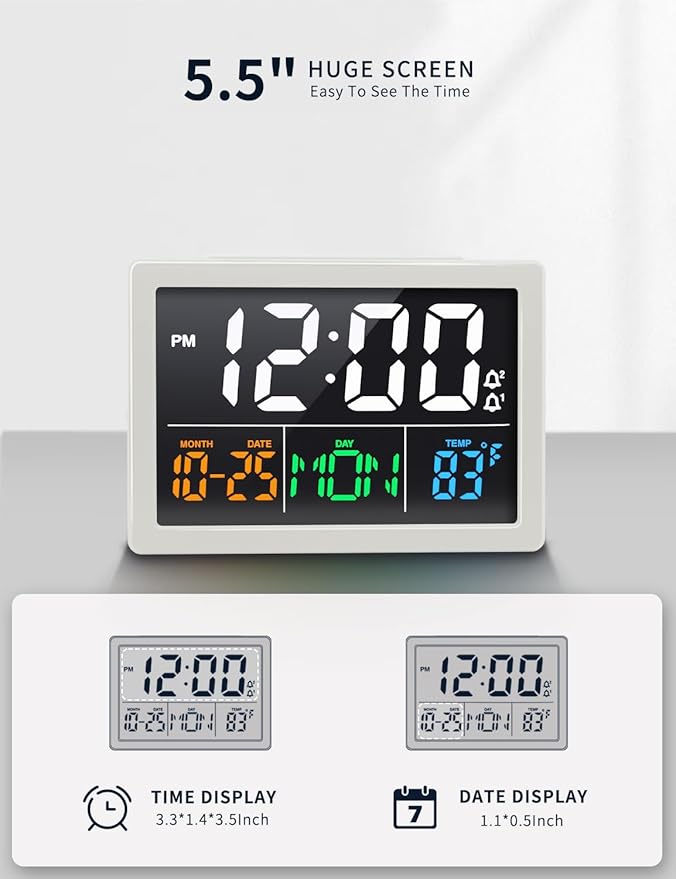 Digital Alarm Clock, with 5.5" Large LED Time Display, Adjustable Alarm Volume, 6 Level Brightness, Alarm Settings, USB Charger, Temperature Detect, Snooze, Clocks for Bedroom, Bedside, Desk, White