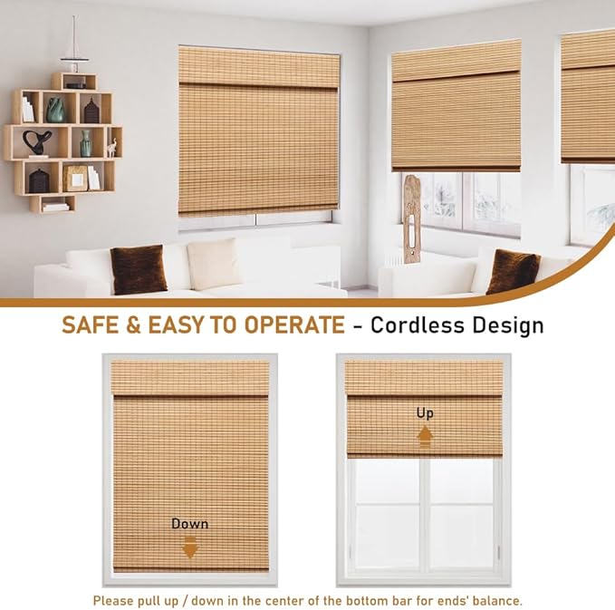SEEYE Cordless Bamboo Roman Shades, Roll Up Blind Privacy Shade