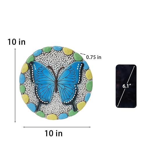 Decorative Butterfly Garden Stepping Stone - Round 10-Inch Concrete, Multi-Colored with Blue Design, Pebble Background for Outdoor Pathways Cynkeyee