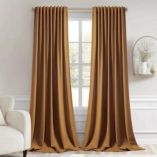 MIULEE Golden Brown Back Tab Blackout Curtains 108 Inch Long 2 Panels Set