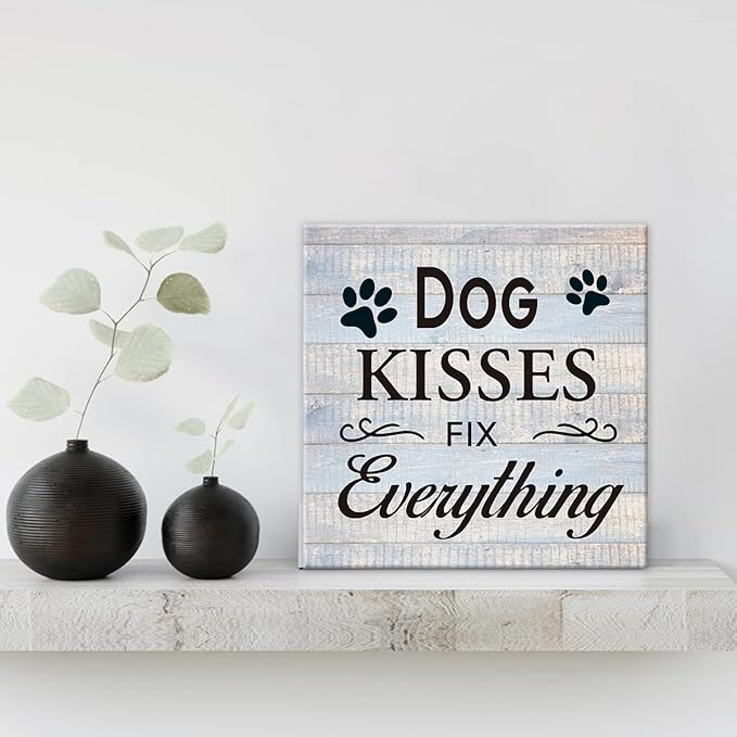 Funny Farmhouse Dog Canvas Wall Art Decor Dog Kisses Fix Everything Rustic Sign