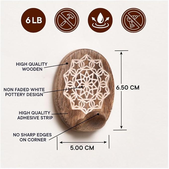 Indian Shelf 6 Lb- 6 Pieces Decorative Wood Adhesive Wall Hooks–Boho Peel and