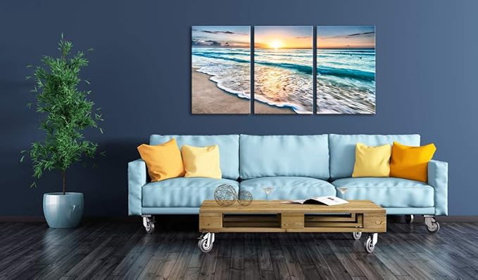 Wieco Art 3 Panels Blue Beach Sunrise White Wave Pictures on Canvas Wall Art