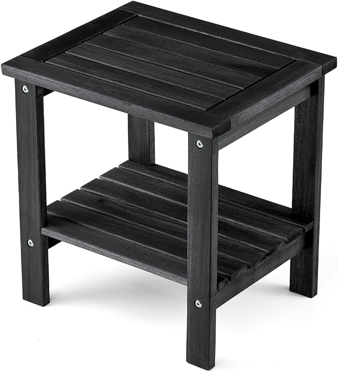 THYOI Premium Acacia Wood Outdoor Side Table, Adirondack Square Patio End Table with 2-Tier Storage Shelf, Weather-Resistant Small Table for Porch, Garden, Backyard, Poolside (Black)