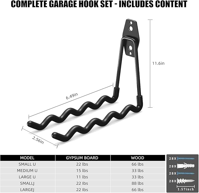 Garage Hooks, 4 Pack Wave Hooks