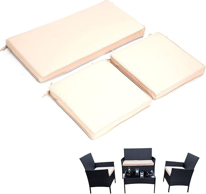 3-Pack Outdoor Patio Furniture Replacement Cushion SetâHigh-Elastic Sponge Cushions Fit 4-Piece Wicker Rattan Sofa, Loveseat & Chairs, 36x18x2 & 18x18x2, Waterproof, Fade-Resistant (Khaki)