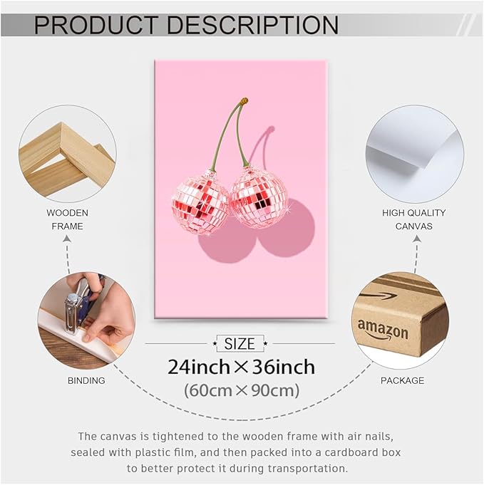 Funky Pink Cherry Poster Retro Disco Ball Canvas Wall Art 24X36 inch Framed