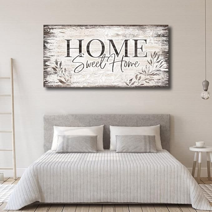 arteWOODS Home Sweet Home Wall Art Sign Large Dark Brown Farmhouse Wall Sign for Living Room Decoration Wooden Board Design Canvas Prints Modern Rustic Artwork Leaf Pictures Wall Decor 29" x 58"