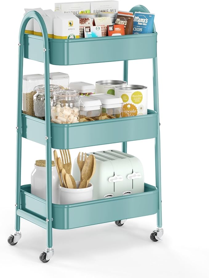 EAGMAK 3 Tier Utility Rolling Cart, Metal Storage Cart with Handle and Lockable Wheels, Multifunctional Storage Organizer Trolley with Mesh Baskets for Kitchen, Living Room, Office, Garage (Green)