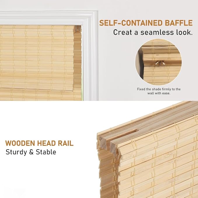 SEEYE Cordless Bamboo Roman Shades, Roll Up Blind Privacy Shade
