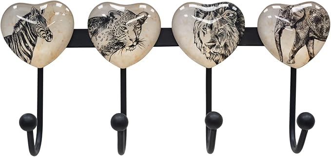 Coat Rack Wall Mounted with 4 Hook, Heart Glass Finishes Animal Pattern