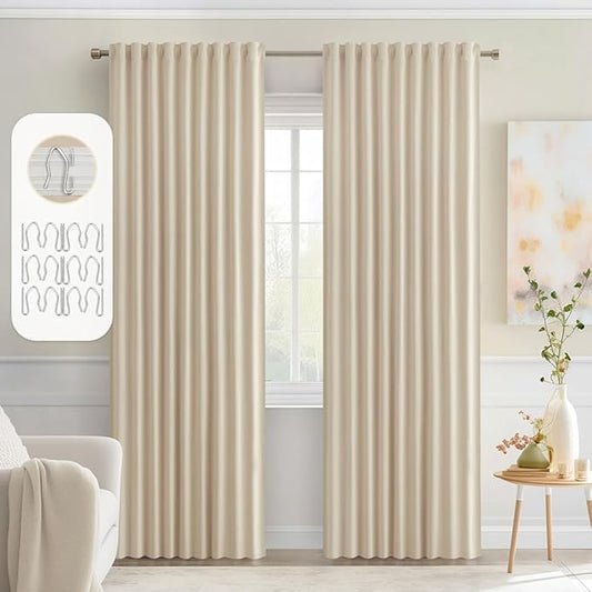 MIULEE Back Tab Cream Beige Curtains 90 Inch Long 2 Panels Set