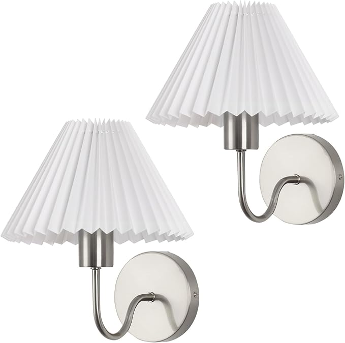 Wireless Wall Sconce Sets of 2, Pleated Shades Rechargeable Battery Operated
