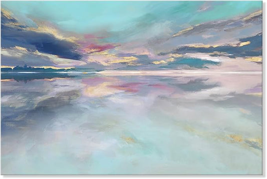 Goldfoilart Beach Abstract Wall Art Teal Green and Gold Decor Ocean Canvas