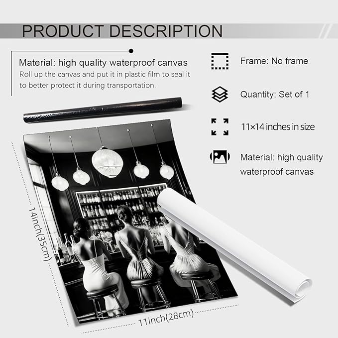 Vintage Black and White Canvas Wall Art Trendy Women Drink Cocktail Posters