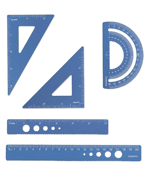 Zotemo Metal Geometry Set, 5-Piece Aluminum Ruler, Math Drafting Ruler Kit Includes Protractor, Triangle Rulers, Straight Rulers-Math Measurement Tools for School and Office Supplies (Blue)