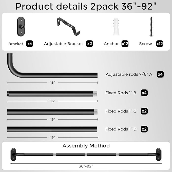 2 Pack Curtain Rods 36-88 Inch, 1 Inch Adjustable Heavy Duty Room Darkening