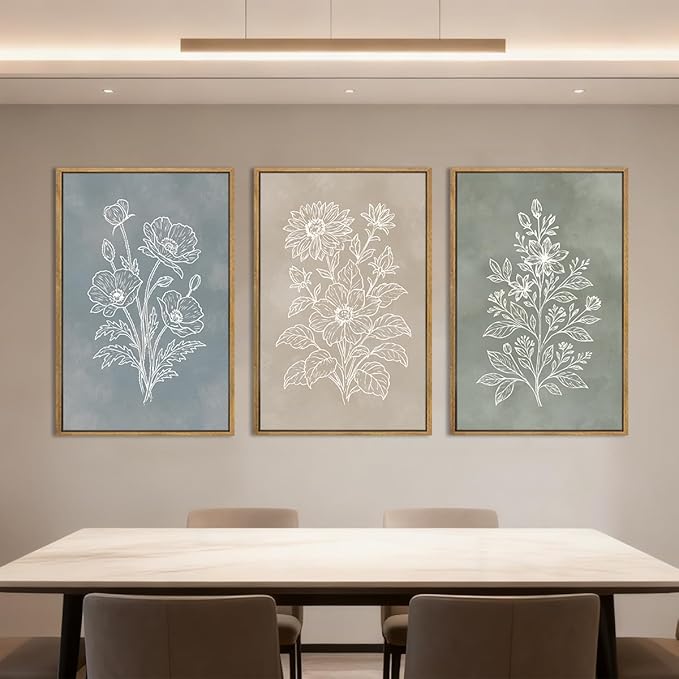 Anyzal Large Boho Botanical Framed Wall Art 16x24 Inch Minimalist Floral Canvas Wall Decor Farmhouse Plant Art Prints for Living Room Bedroom Dining Room Set of 3