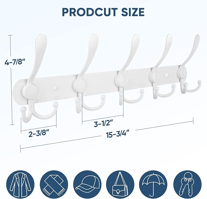 TICONN Wall Mounted Coat Rack, Five Heavy Duty Tri Hooks All Metal Construction
