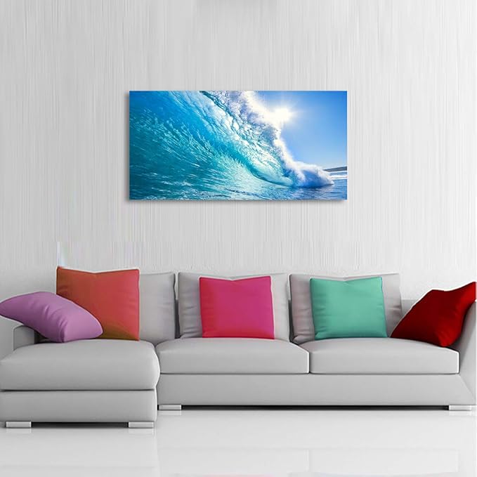 Haichuang Decor Art Framed Ocean Wave Wall Art, 48x24 Inch Large Horizontal Turquoise Sea Canvas Prints, Coastal Beach Nautical Wall Decor for Living Room Bedroom Bathroom Ready to Hang
