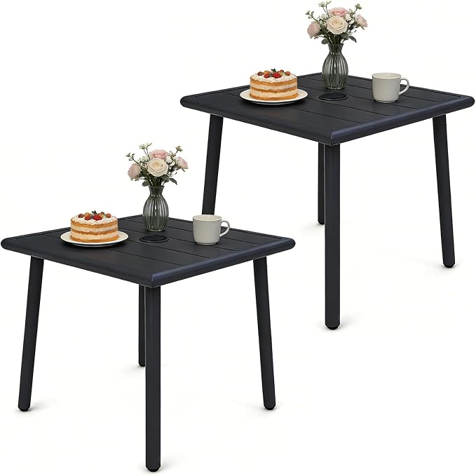 Small Metal Outdoor Side Table with Umbrella Hole Set of 2, Sqaure Patio Coffee Bistro Table End Table, Umbrella Table with Hole for Poolside Yard Porch Deck Balcony,19.7x19.7 inches, Black