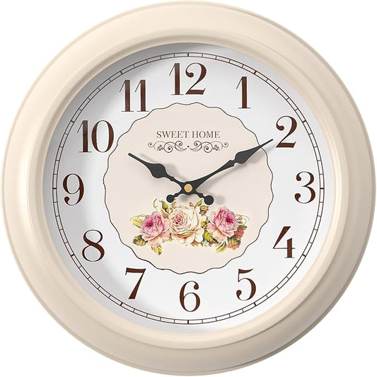 Abdurey Sweet French Rose Style Wall Clock, Battery Operated Silent, Creamy