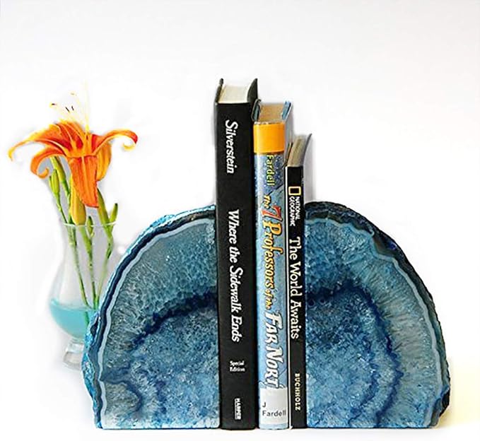 JIC Gem Agate Decorative Book Ends Blue Gemstone Geode Bookends Cool Crystal Bookends for Shelves Book Ends for Heavy Duty Books with Rubber Bumpers for Office and Home Décor (1 Pair,4-6 LBS)