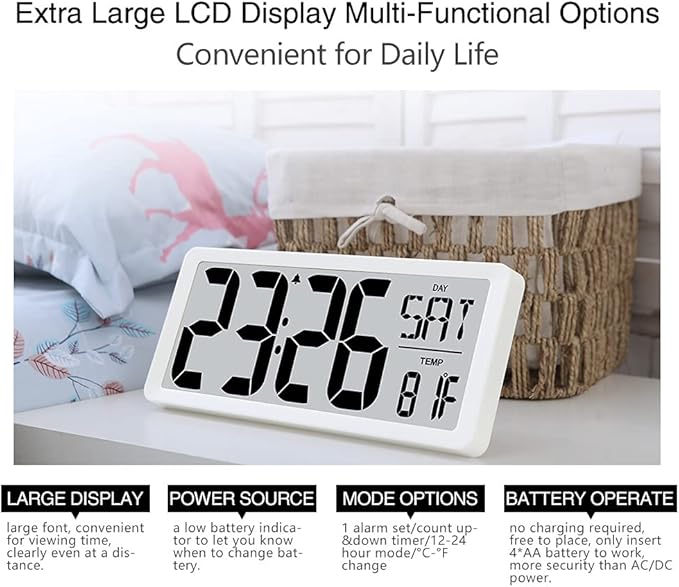 TXL 14.2" Large Digital Day Wall Clock, Custom 8 Languages Calendar, Count