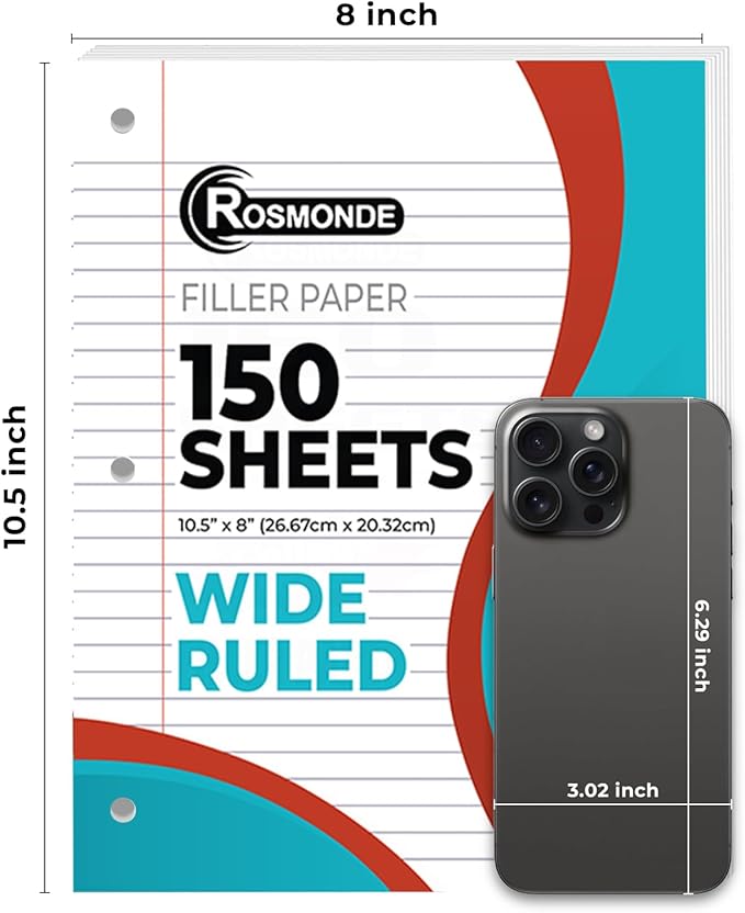 Rosmonde 1152 Pack (Pallet) Loose Leaf Paper Bulk, 172800 Sheets, Wide Ruled, 150 Sheets/Pack, 8 x 10.5", Pallet of Filler Paper, 3 Hole Punched, 56 Gsm Thick Paper, School & Office, 4-7 Days Transit